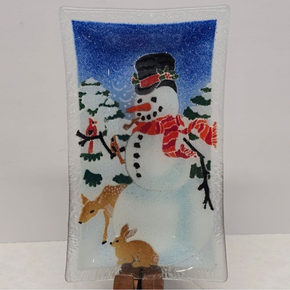 Peggy Karr Snowman Christmas Holiday Fused Glass Art Dish Small Platter Vintage
